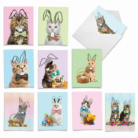 The Best Card Company 10 Assorted Easter Notes Bulk Set 4x5.12 w/ Envelopes, 10x1 Designs, for Men, Women, Hoppy Cats AM9189EAG-B1x10