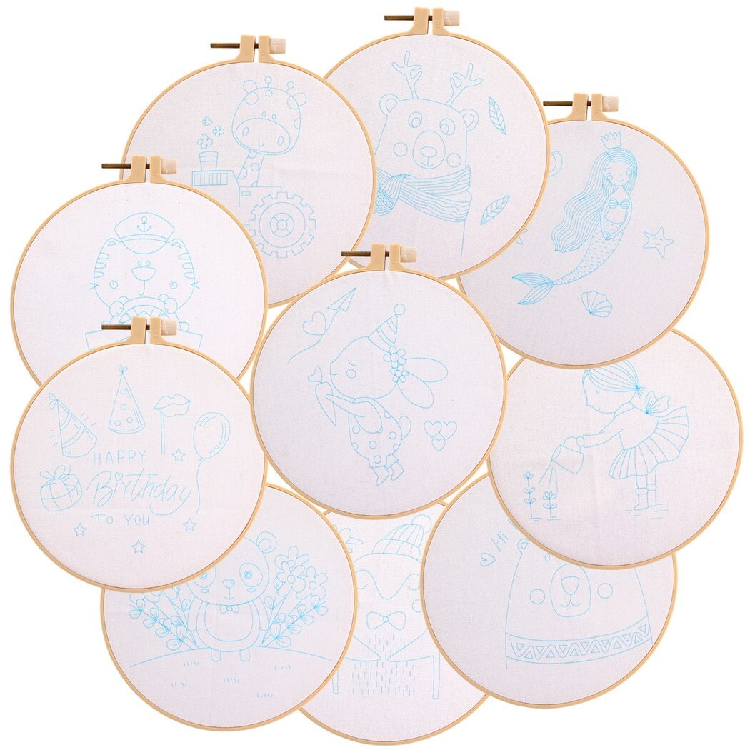 10 Embroidery Kits for Beginners, Prestamped Embroidery Patterns with 2 Embroidery Hoops, Cross