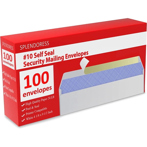 10 s Letter Size Self Seal | 100 Business Mailing Security Peel and Sealing | 100% Tinted | no 10 White Windowless Legal Regular Plain Envelops Pack | 4-1/8 x 9-1/2 Inches | 24 LB