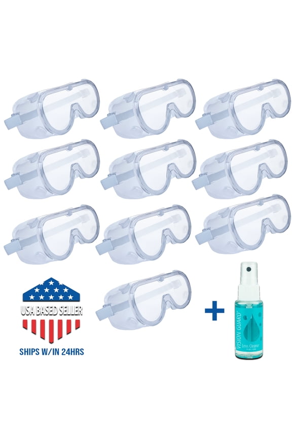 10 Eye Protection Safety Glasses Goggles Clear Fit-Over Glasses Anti-Fog 1 Lens Cleaner Bottle Included