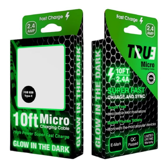 10 FOOT GLOW CABLE - USBA to Micro USB Glow In The Dark Cable