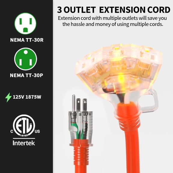 10 FT 12/3 Gauge Extension Cord with Multiple Outlets Outdoor, 3 Outlet Extension Cord Heavy Duty Orange with Lighted, Tri-Tap Power Cable, 12AWG 15Amp 1875Watts 125Volts SJTW, ETL Listed