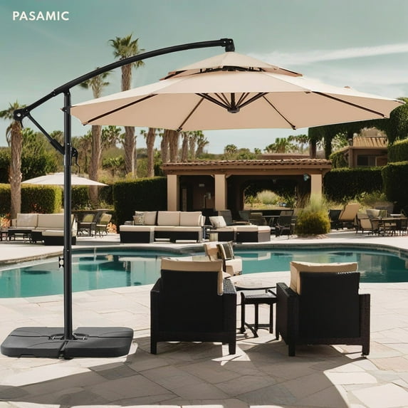 10 FT 2-Tiers Patio Offset Umbrella Outdoor Cantilever Umbrella Hanging Umbrellas, Fade Resistant Crank & Cross Base, Beige