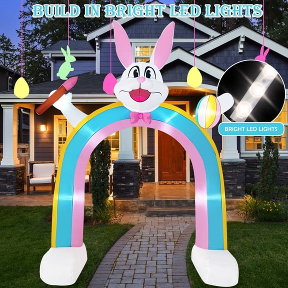 10 FT Easter Inflatables Decorations, Bunny Inflatable Rainbow Archway with LED Lights Blow Ups Yard Decoration for Holiday Party Indoor Outdoor Garden Lawn Dcor