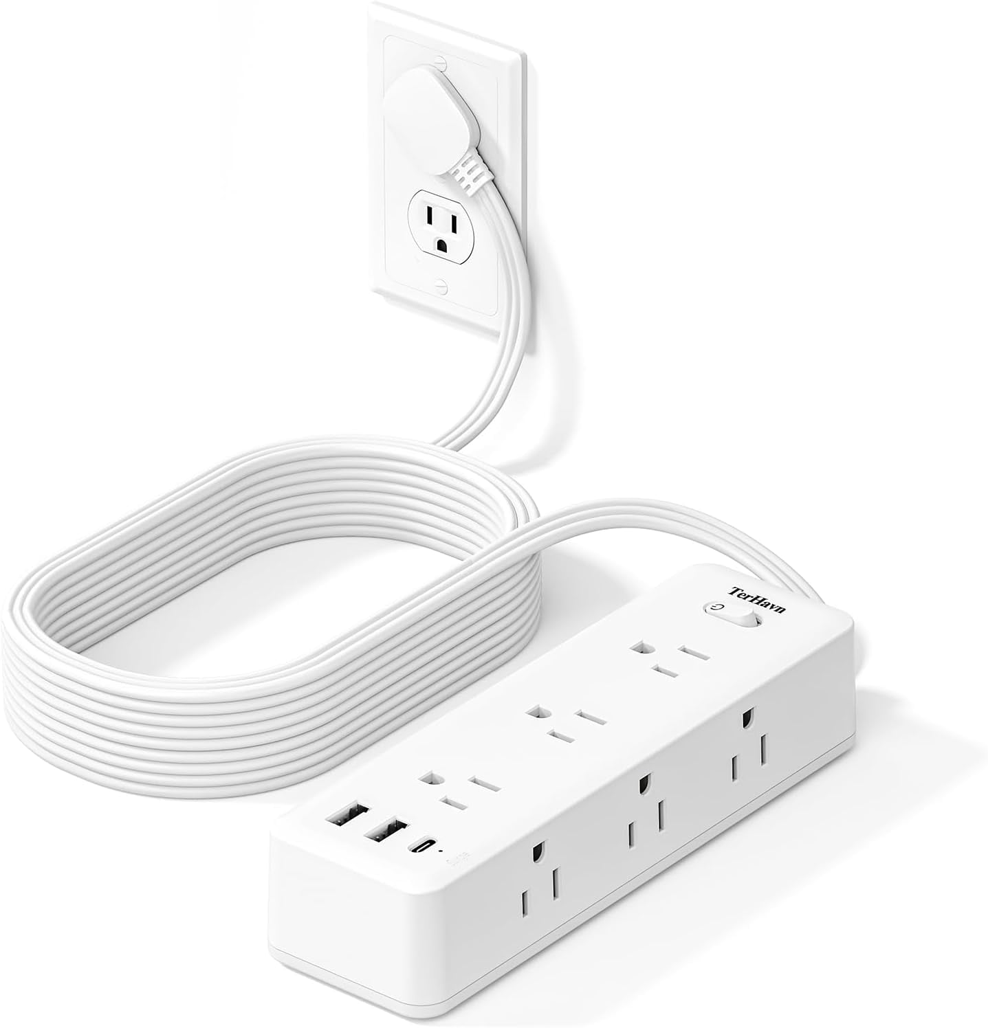 10 FT Extension Cord Flat Wall Plug, TerHavn Power Strip, 6 Outlet Extender with 3 USB (5V/3.4A 17W) Charging Ports, Power Strip with Surge Protector, Mounted for for Home Office Dorm Roomc, White