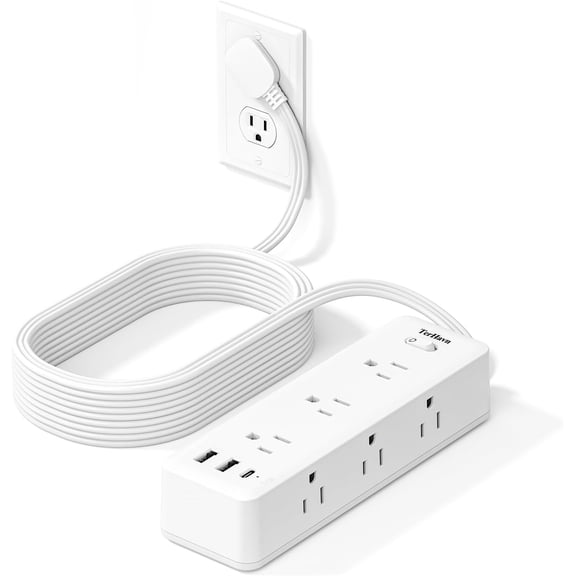 10 FT Extension Cord Flat Wall Plug, TerHavn Power Strip, 6 Outlet Extender with 3 USB (5V/3.4A 17W) Charging Ports, Power Strip with Surge Protector, Mounted for for Home Office Dorm Roomc, White