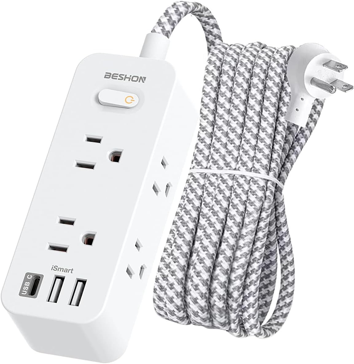 10 ft White Fabric Cord Power Strip with USB-C and 6 Outlets