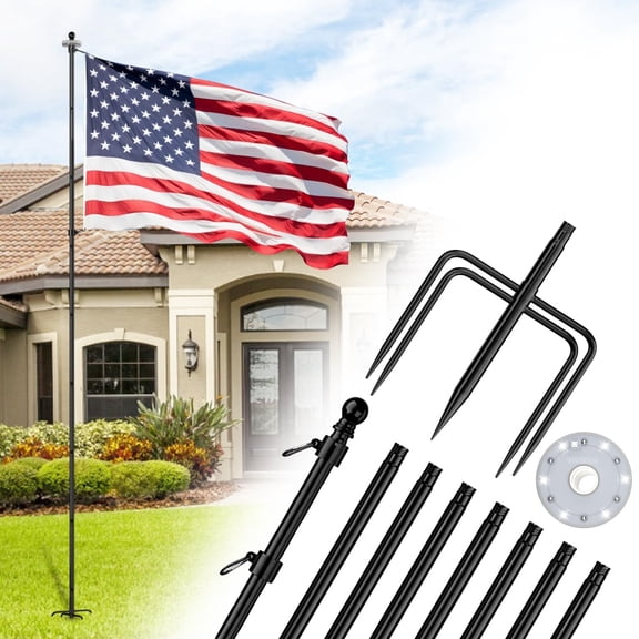 FIASON 1 Pack 10 FT Black Flag Pole,Stainless Steel Tangle Free Flag Pole with Solar Light and 5 Pronges Base for Outside House Ground,Commercial Flagpole Kit or Garden Flag Pole Holder,Without Flag