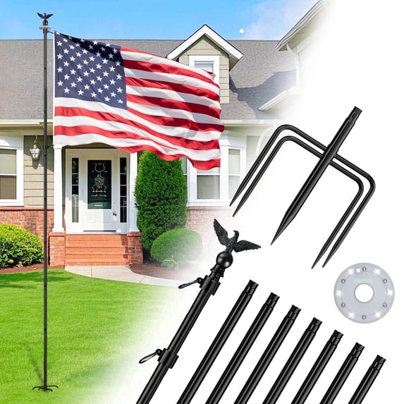 FIASON 1 Pack 10 FT Black Stainless Steel Flag Pole with Eagle Topper, Solar Light & 5-Prong Base, Tangle-Free Heavy Duty Flagpole Kit for Yard Commercial Outdoor Use, Without Flag