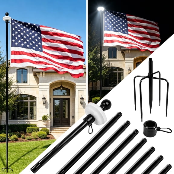 10 FT In Ground Flag Poles for Outside House, Stainless Steel Heavy Duty Flag Pole with 5-Prong Base & Solar Light, Windproof Ground Flagpoles for Yard Outdoor Garden Decor (Flag Not Included)