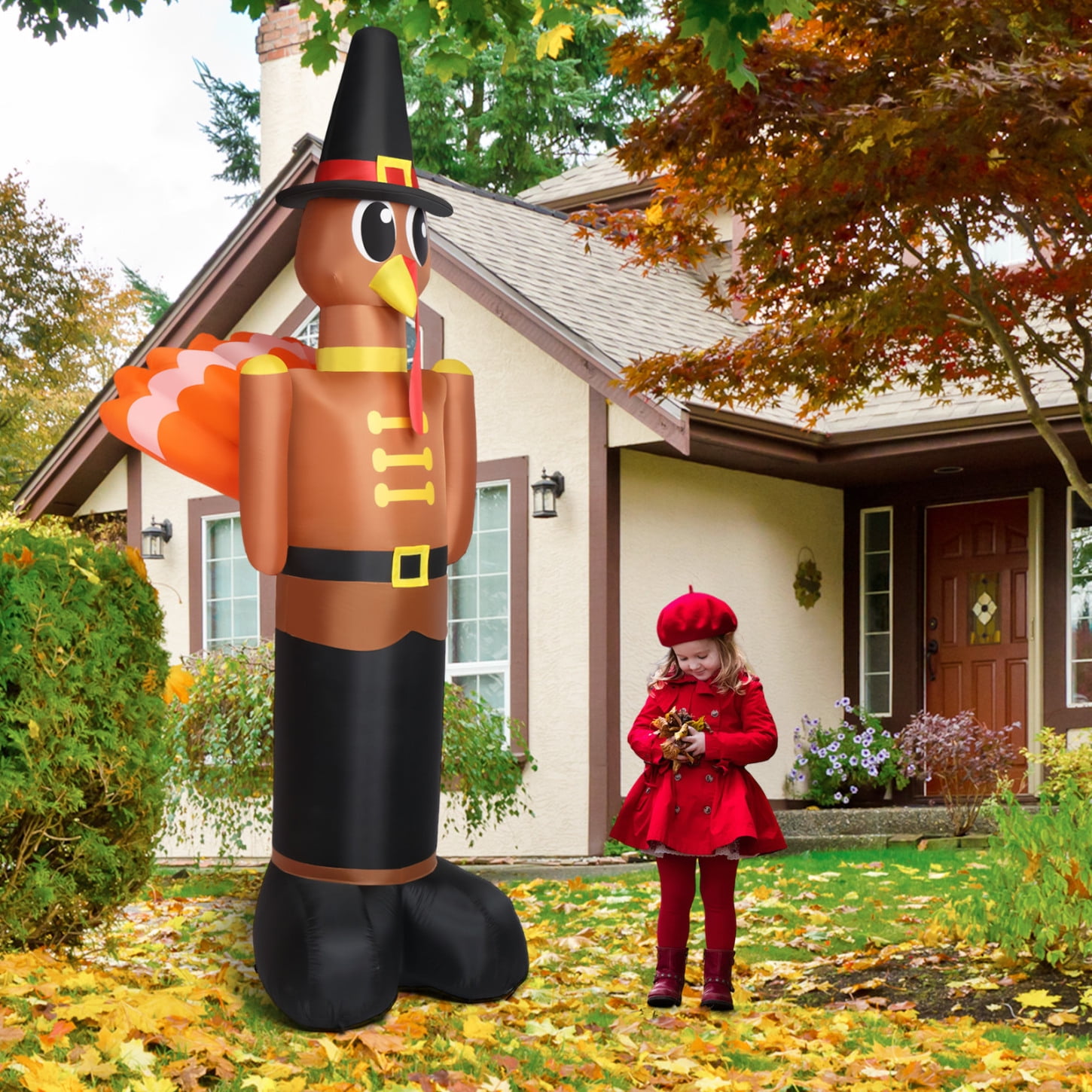 10 FT Inflatable Turkey with Builtin LED Lights, Thanksgiving Blow up Yard Decoration with