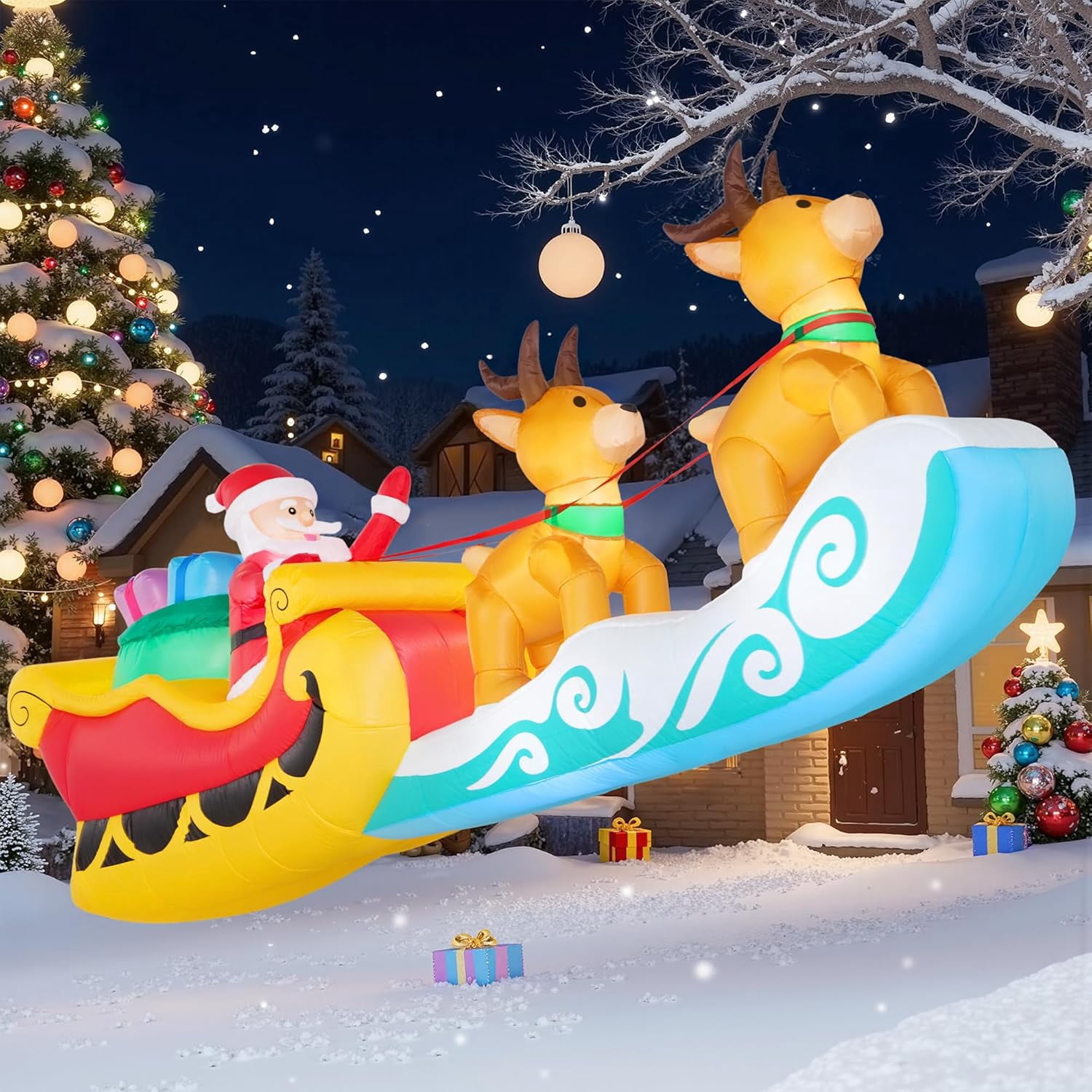 10 FT Long Christmas Inflatable Hanging Santa Sleigh and Reindeer