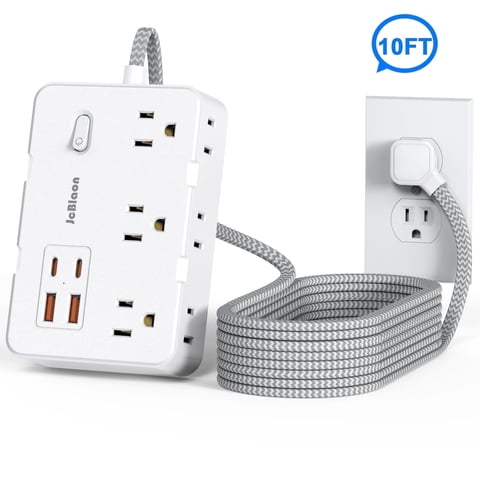 10 FT Long Extension Cord Power Strip outlet extender with 2 USB C & 2 USB A Ports 1050J Protection Flat Plug heavy duty high wattage for indoor Home Office Dorm Room Essentials, White