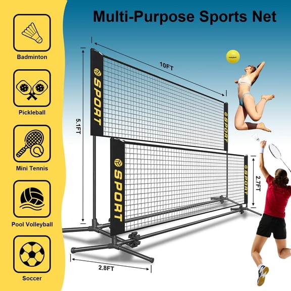 10 FT Mini Portable Tennis Net Equipment Set with Rubber Volleyball, Pump and Potable Carry Bag. Adjustable Height 2.7FT-5.1FT for Badminton Net, Volleyball Net, Soccer Net, Pickleball Net