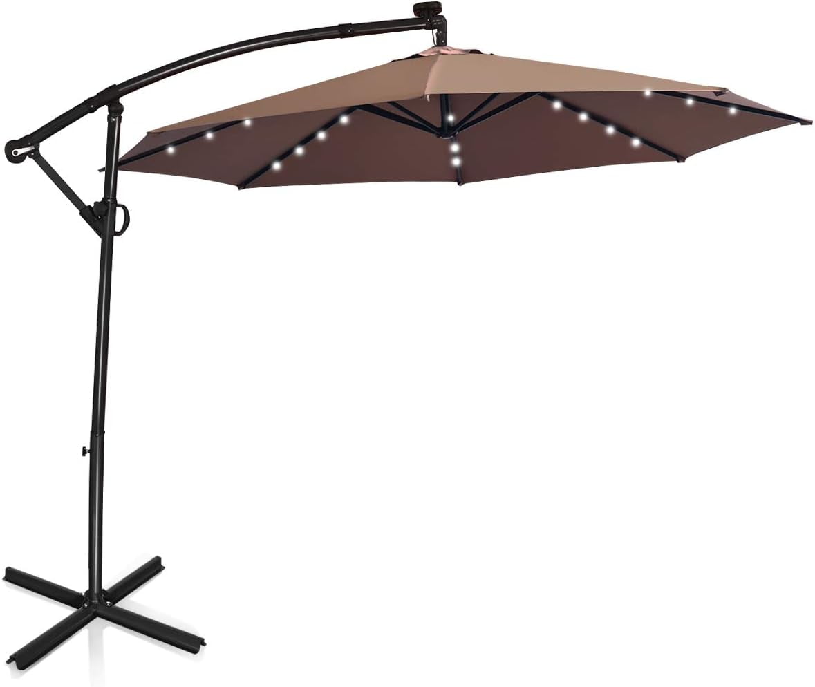 10 FT Offset Umbrella With 360 Degree Rotation, Solar Powered LED