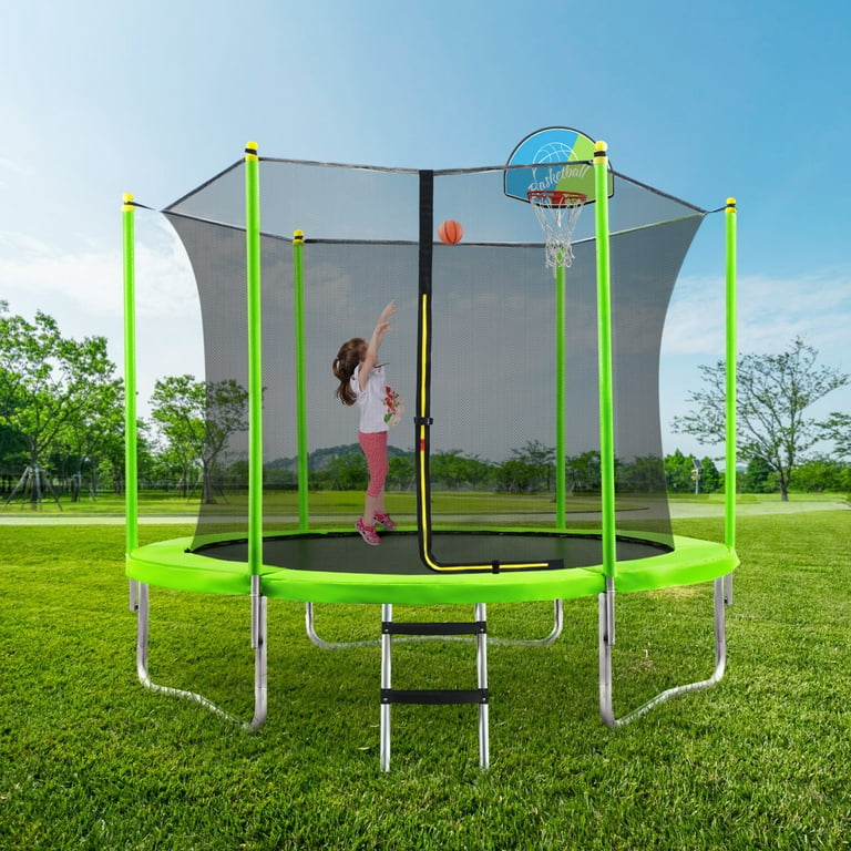 10 FT Outdoor Kids Trampoline Modern Fitness Trampoline with Safe Enclosure Net Basketball Hoop and Ladder Recreational Trampolines for Kids Toddler Adults Children Park Kindergarten Green Walmart