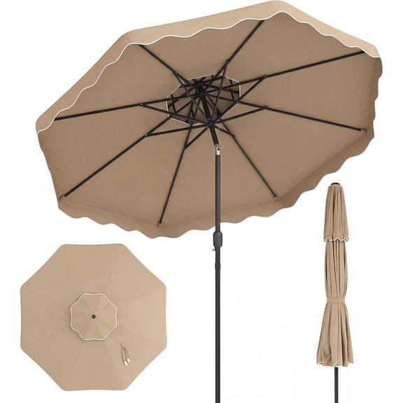 10 FT Patio Umbrella, Scalloped Outdoor Table Market Umbrella with Push Button Tilt & Crank, 2-Tier Vented Top, Heavy-Duty 8 Metal Ribs, Sun-Protective Canopy, Ruffle for Deck Pool Garden (Brown)