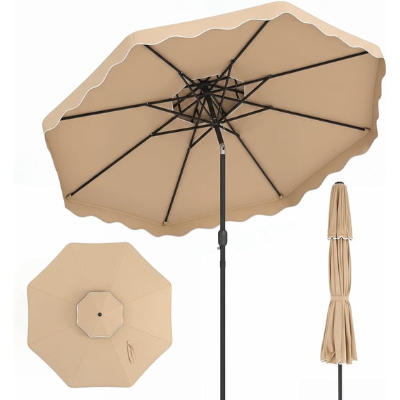 10 FT Patio Umbrella, Scalloped Outdoor Table Market Umbrella with Push Button Tilt & Crank, 2-Tier Vented Top, Heavy-Duty 8 Metal Ribs, Sun-Protective Canopy, Ruffle for Deck Pool Garden (Beige)