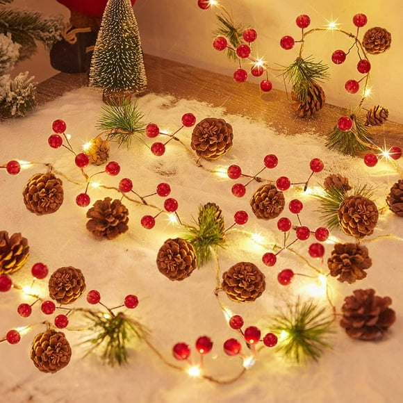 10 FT Pine Cone Christmas String Lights, 30 LED Battery Operated Christmas Garland with Red Berry Pine Cone, Christmas Fairy String Lights for Indoor Outdoor Xmas Tree Decorations