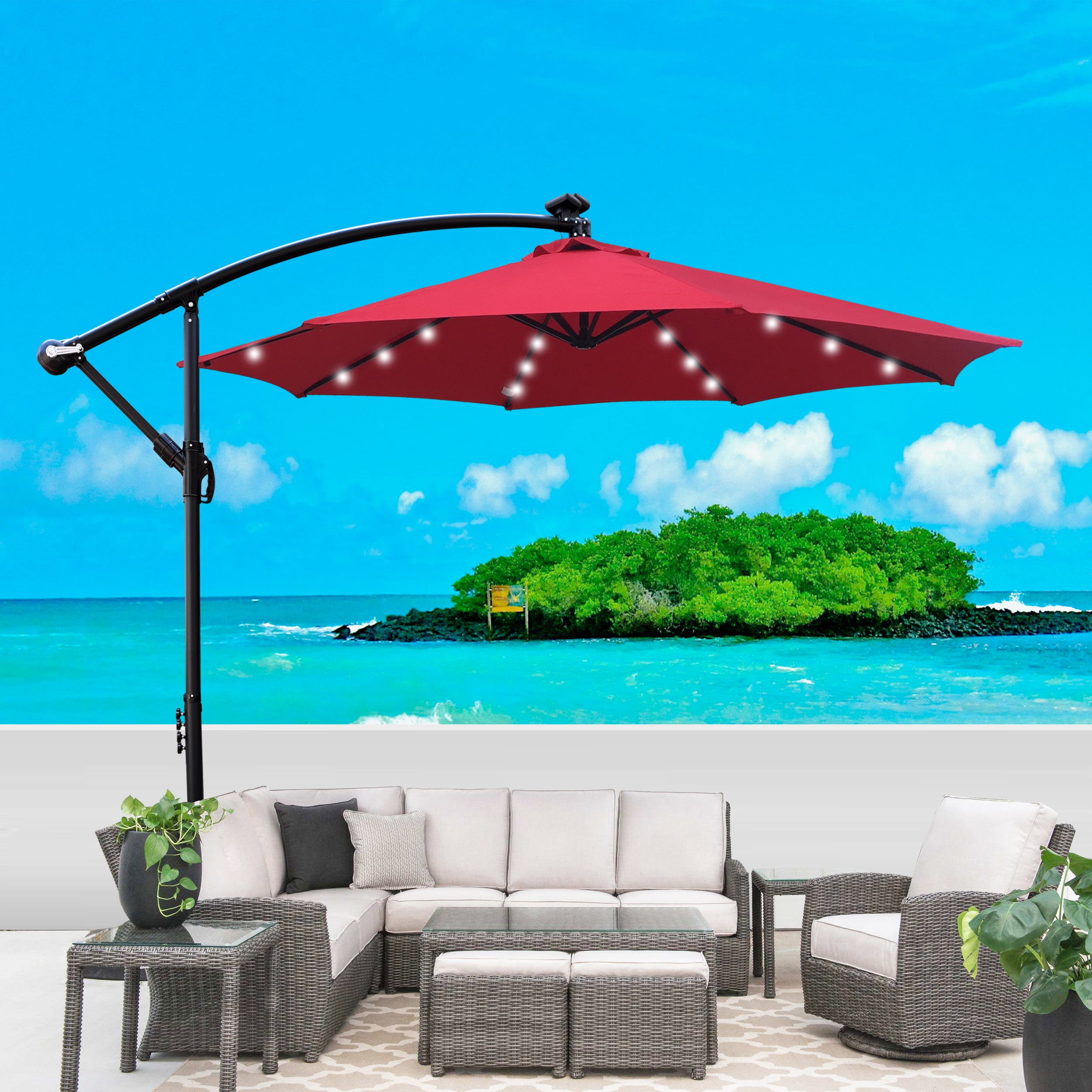 10 FT Round Outdoor Patio Umbrella, Solar LED Lighted Waterproof Sun Shade Umbrella with Stable Base, Red