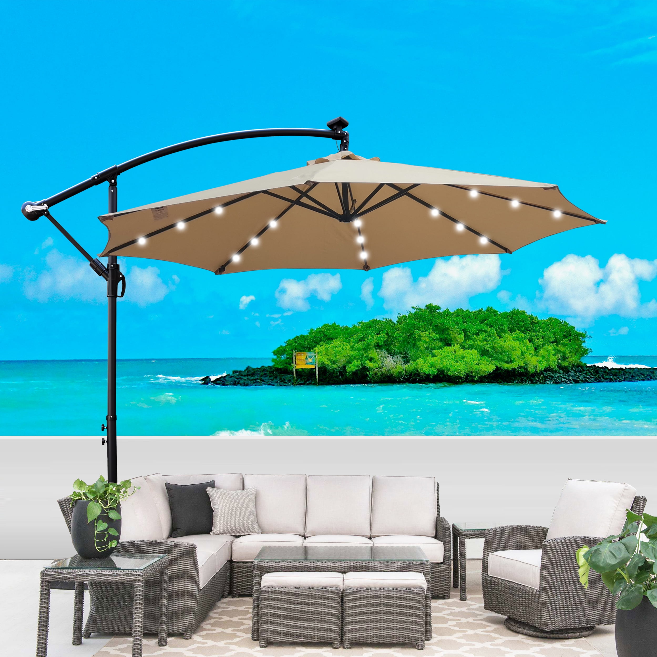 10 FT Round Outdoor Patio Umbrella, Solar LED Lighted Waterproof Sun Shade Umbrella with Stable Base, Tan
