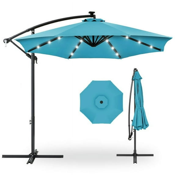 10 FT Solar LED Patio Outdoor Umbrella Hanging Cantilever Umbrella Offset Umbrella Easy Open Adustment with 32 LED Lights