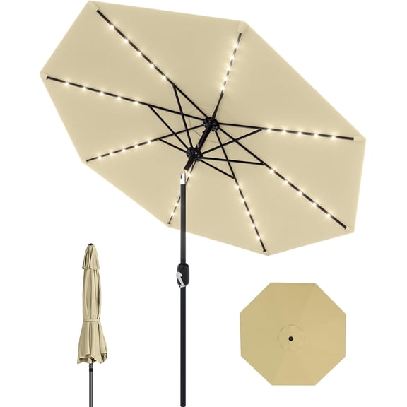 10 FT Solar Patio Umbrella with 40 LED Lights & Tilt Crank, 8-Rib Windproof Outdoor Market Umbrella for Pool, Deck, Backyard, Waterproof Fade-Resistant Fabric
