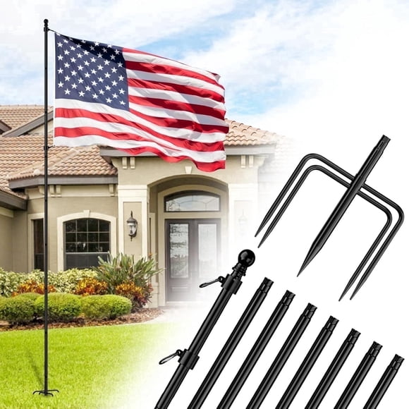 FIASON 1 Pack 10 FT Black Flag Pole,Stainless Steel Tangle Free Heavy Duty with 5 Pronges Base for Outside House Ground,Commercial Flagpole Kit or Garden Flag Pole Holder,Without Flag