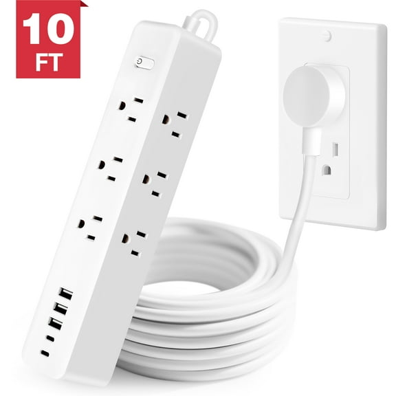 10 FT Surge Protector Power Strip, 9 Outlets with 5 USB Ports(2 USB C), 3 Sided Outlet Extender with Extension Cord, Desk Charging Station for Home College Dorm Office Essentials, White