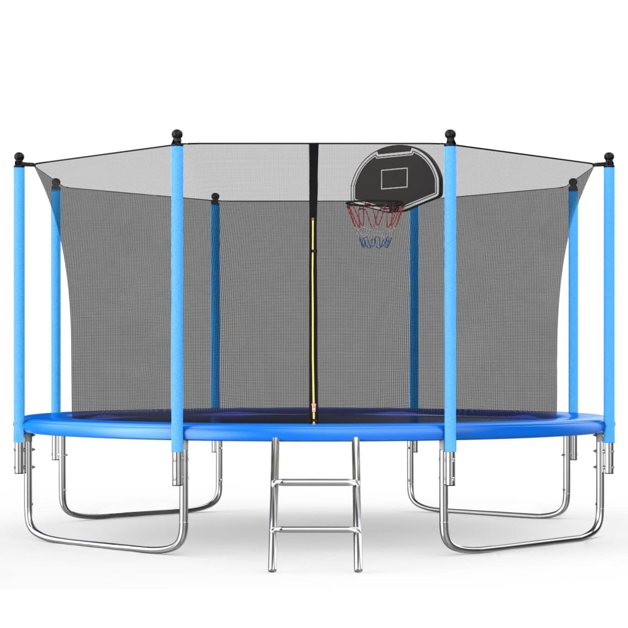 10FT Trampoline with Safe Enclosure Net, Inflator for Kids and Adults, SEGMART Outdoor Trampoline with Basketball Hoop, Recreational Trampoline with Ladder for Backyard Garden Patio