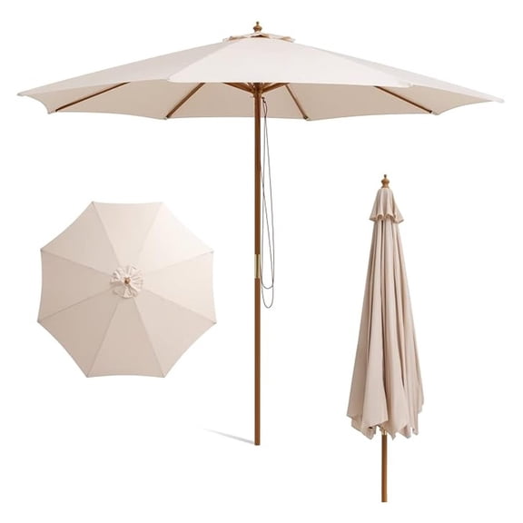 10 FT Wooden Patio Umbrella - Rope Pulley Lift, Bamboo Ribs, Adjustable Height, Vented - Outdoor Table Umbrella for Garden, Poolside, Backyard