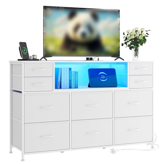 10 Fabric Drawers Dresser, Entertainment Center TV Stand with Power Outlet & LED Light for 45"-55" TV, Chest of Drawers with Wood Top and Open Shelves for Bedroom, Living Room, Hallway, White
