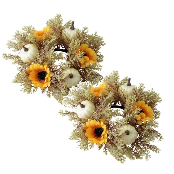 10" Fall Candle Rings 2 Pack, Pumpkin Sunflower Autumn Wreaths for Candles, Mini Thanksgiving Table Centerpieces Decor for Wedding, Holiday Party, Harvest Tabletop Decorations