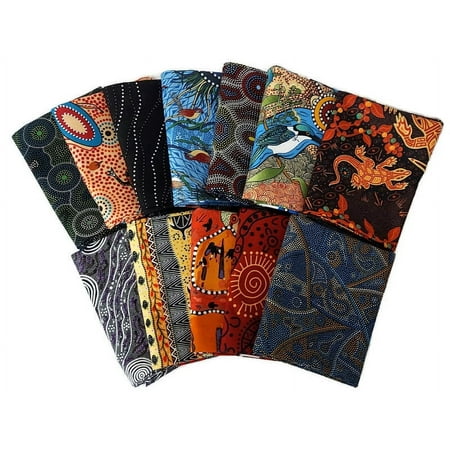 10 Fat Quarters - Assorted Australian Aboriginal M&S Textiles Nambooka Kangaroos Aborigine Indigenous Outback Bush Camp Goanna Waterhole Quality Quilters Cotton Fabric Bundle M491.15