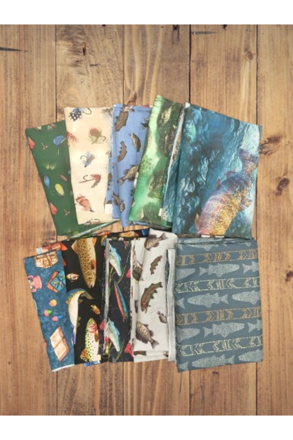 10 Fat Quarters - Assorted Fishing Fish Fat Quarter Bundle