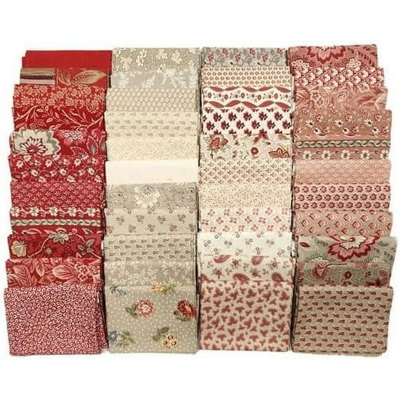 10 Fat Quarters - Assorted French General France Calico Floral Flowers Red Pink Blue Cream Classic Reproduction Quality Quilters Cotton Fat Quarter Bundle M229.01