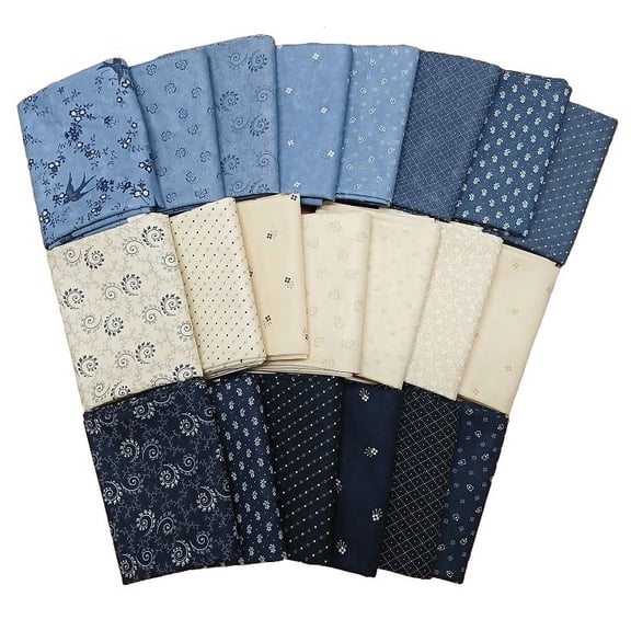10 Fat Quarters - Bluebird's Nest by Kansas Troubles Quilters by Moda Fat Quarter Bundle Florals Vines Blues Navy Creams Quality Quilters Assorted Cotton Fabrics (M223.21)