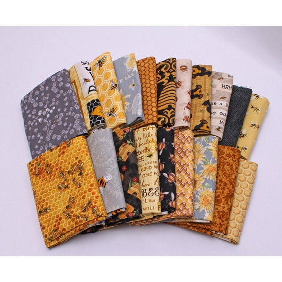 10 Fat Quarters - Honey Bee Bumblebee Save the Bees Apiary Beekeeper Honey Comb Hive Skep Beekeeping Beeswax Insects Quality Quilters Cotton Assorted Fat Quarter Bundle M229.03