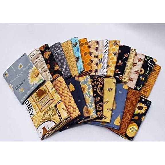10 Fat Quarters - Honey Bee Bumblebee Save The Bees Apiary Beekeeper Honey Comb Hive Skep Beekeeping Beeswax Insects Quality Quilters Cotton Assorted Fat Quarter Bundle M229.03