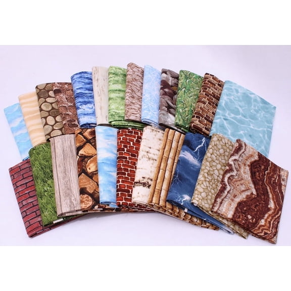 10 Fat Quarters - Landscape Quilt Collage Nature Grass Birch Bark Water Bricks Stones Bamboo Lightning Sky Clouds Assorted Quality Quilters Cotton Fabrics M228.03