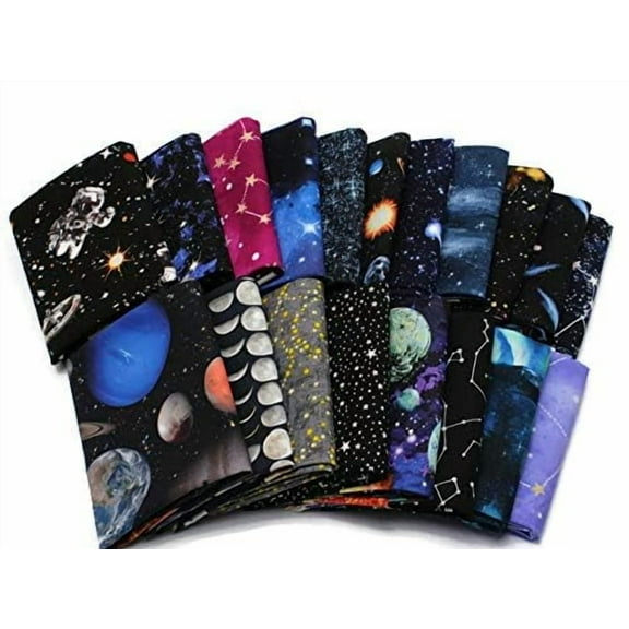 10 Fat Quarters - Outer Space Astronomy Solar System Stars Planets Comet Celestial Galaxies Moon Astronaut Cosmos Fabrics Quality Quilters Cotton Assorted Fat Quarter Bundle M224.0