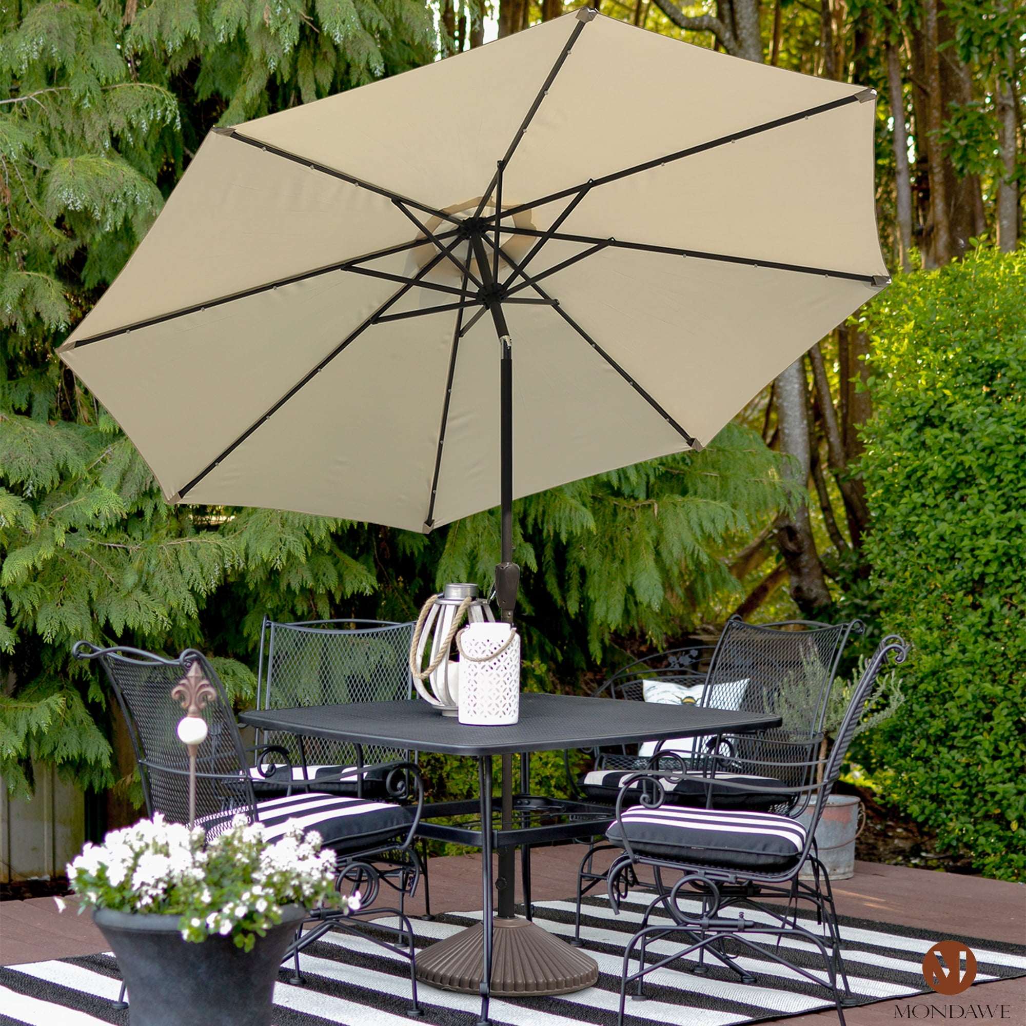 10 ft Beige Aluminum Market Patio Umbrella with LED Lights
