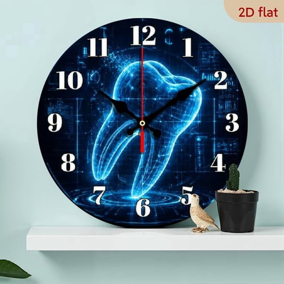 10 Flat Wooden Silent Clock, Unique Tooth Pattern Dental Office Art, Perfect for Home, Clinic, Living Room, Kitchen, Bedroom, Office Walls, Contemporary Christmas & New Year Decor