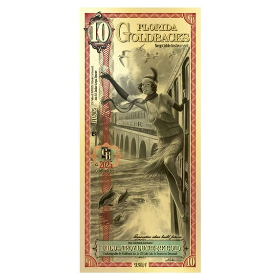 10 Florida Goldback 1/100 oz 24K Gold Foil Aurum Note