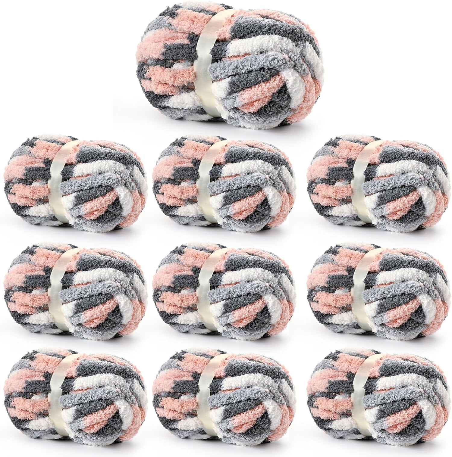 10  Fluffy Chunky Chenille Yarn for Crocheting,  Chunky Blanket Yarn for Hand Knitting, 240yds/70.5oz  Bulky Variegated  Blanket Yarn(Dark Grey--White)