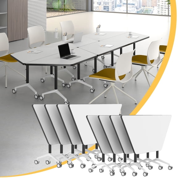 10 Folding Conference Table,47.5In Modular Conference Room Tables with Wheels,White Meeting Table Flip Top Mobile Training Table,Modern Seminar Boardroom Tables for Office School-T Shaped