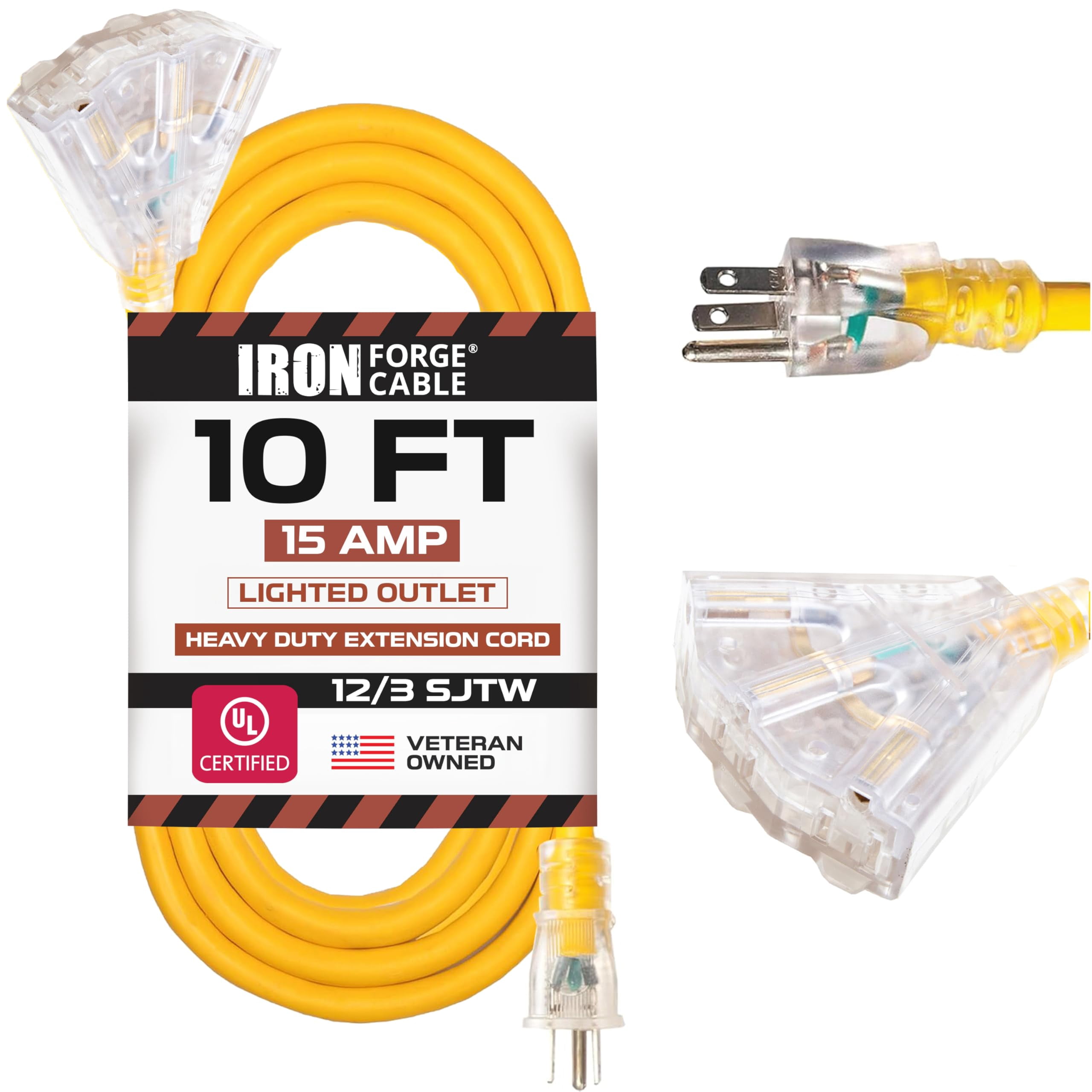 IRON FORGE CABLE 10 Foot Lighted Outdoor Extension Cord with 3 Electrical Power Outlets - 12/3 SJTW Heavy Duty Yellow Extension Cable with 3 Prong Grounded Plug for Safety, 15 AMP