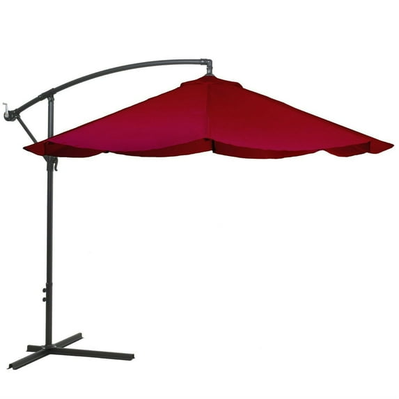 10 Foot Offset Cross Base Aluminum Hanging Crank Patio Umbrella Red Canopy