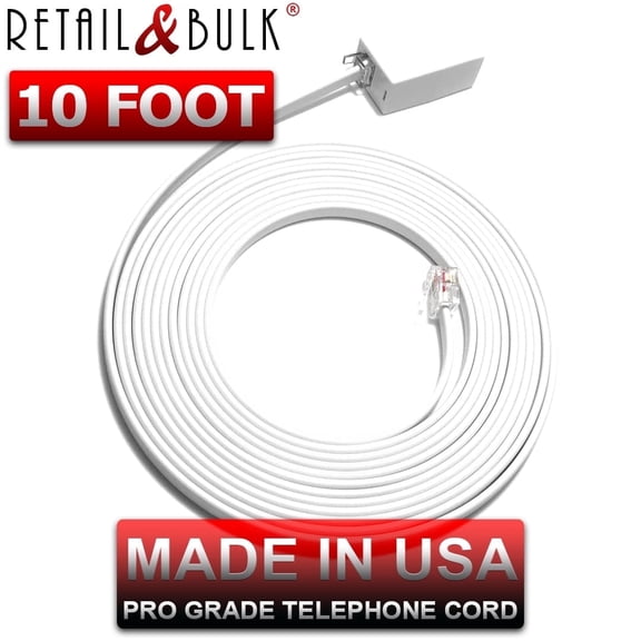 10 Foot Phone Extension Cord for Landline Telephones • High End Quality RJ11 Phone Cable • Pure Copper • 50 Micron Gold Contacts • Made in USA (White, 10 ft)