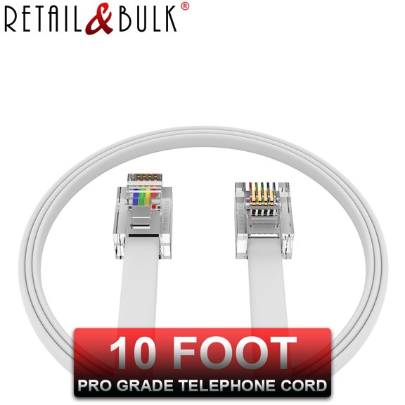 10 Foot RJ11 Telephone Cord - Voice/Data Phone Cable, 4 Wire, 100% Copper (White 10ft) Made in USA